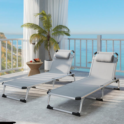 Foldable Outdoor Sun Lounger Set of 2, Reclining Lounge Chair Camping Bed Cot Wi