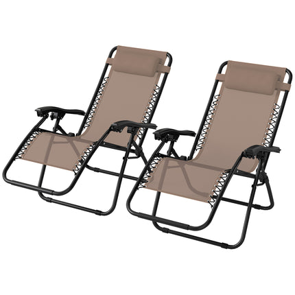 Zero Gravity Chair Set of 2, Metal Frame Texteline Armchair Outdoor Folding and Reclining Sun Lounger with Head Pillow for Patio Decking Gardens Camping, Beige