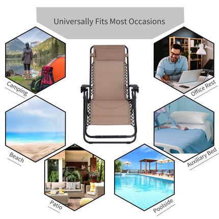 Zero Gravity Chair Set of 2, Metal Frame Texteline Armchair Outdoor Folding and Reclining Sun Lounger with Head Pillow for Patio Decking Gardens Camping, Beige