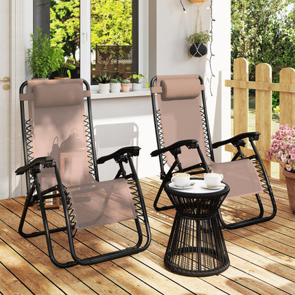 Zero Gravity Chair Set of 2, Metal Frame Texteline Armchair Outdoor Folding and Reclining Sun Lounger with Head Pillow for Patio Decking Gardens Camping, Beige