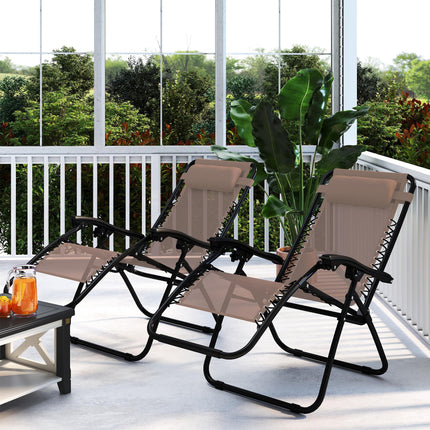 Zero Gravity Chair Set of 2, Metal Frame Texteline Armchair Outdoor Folding and Reclining Sun Lounger with Head Pillow for Patio Decking Gardens Camping, Beige