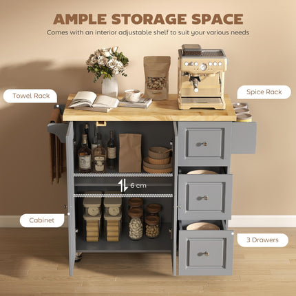 Kitchen Island on Wheels, Rolling Kitchen Storage Trolley with Drop Leaf, Drawers, Towel and Spice Rack, Grey