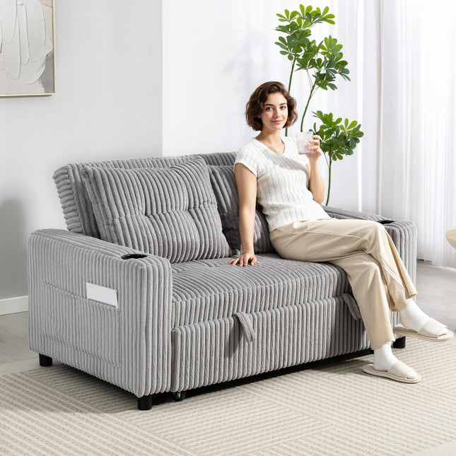 2 Seater Click Clack Sofa Bed with Pull Out Design, Corduroy Upholstery - Light Grey