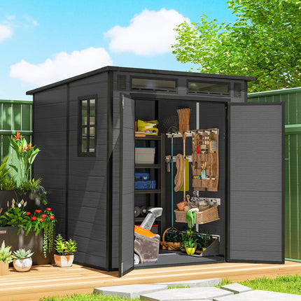 6 x 6 ft Plastic Garden Shed, Wood-Effect Outdoor Storage Shed with Floor, Windo