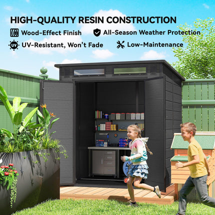 6 x 6 ft Plastic Garden Shed, Wood-Effect Outdoor Storage Shed with Floor, Windo