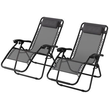Zero Gravity Chair Set of 2, Metal Frame Texteline Armchair Outdoor Folding and Reclining Sun Lounger with Head Pillow for Patio Decking Gardens Camping, Grey
