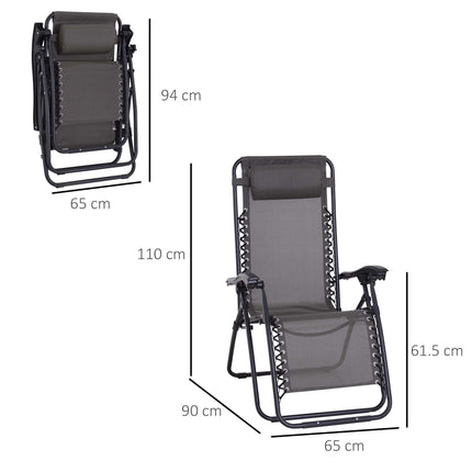 Zero Gravity Chair Set of 2, Metal Frame Texteline Armchair Outdoor Folding and Reclining Sun Lounger with Head Pillow for Patio Decking Gardens Camping, Grey