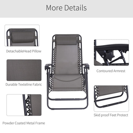 Zero Gravity Chair Set of 2, Metal Frame Texteline Armchair Outdoor Folding and Reclining Sun Lounger with Head Pillow for Patio Decking Gardens Camping, Grey