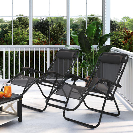 Zero Gravity Chair Set of 2, Metal Frame Texteline Armchair Outdoor Folding and Reclining Sun Lounger with Head Pillow for Patio Decking Gardens Camping, Grey