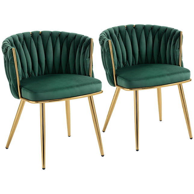Velvet-Feel Dining Chairs Set of 2, Modern Upholstered Armchair with Knot Design and Golden Metal Legs, Accent Chair for Dining Room, Bedroom, Kitchen, Living Room, Dark Green