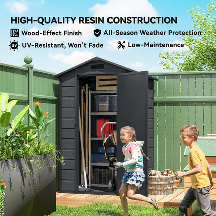 4 x 3 ft Plastic Garden Shed with Floor, Outdoor Storage Shed with Lockable Door, Window and Vent, Dark Grey