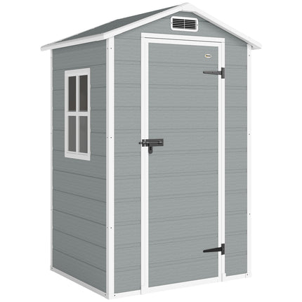 4 x 3 ft Plastic Garden Shed with Floor, Outdoor Storage Shed with Lockable Door, Window and Vent, Light Grey