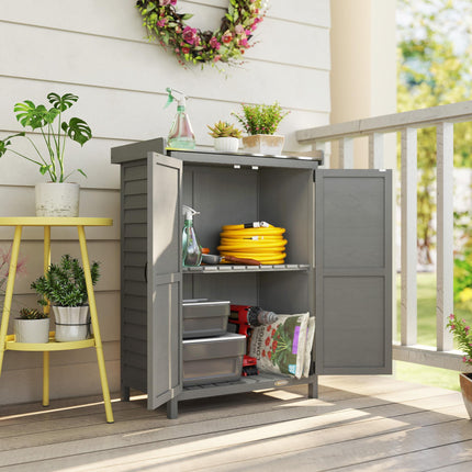 Wooden Garden Shed, Garden Tool Storage Shed with Shelf and Side Hooks, 71.5 x 39 x 95 cm, Grey
