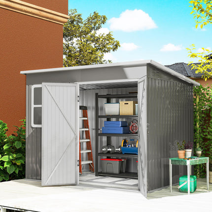 8.5 x 6ft Storage Shed Galvanised Steel Garden Shed, Metal Shed with Foundation Kit, Window, Lockable Wide Doors and Air Vents for Outdoor Patio, Light Grey