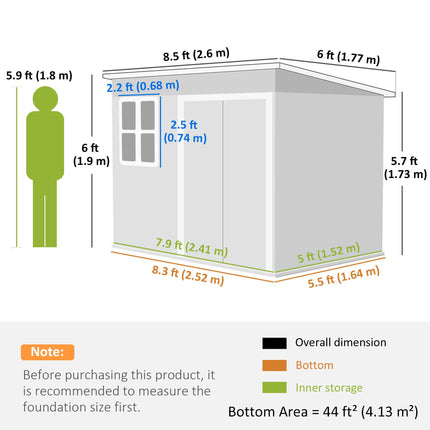 8.5 x 6ft Storage Shed Galvanised Steel Garden Shed, Metal Shed with Foundation Kit, Window, Lockable Wide Doors and Air Vents for Outdoor Patio, Light Grey