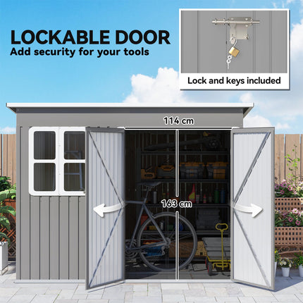 8.5 x 6ft Storage Shed Galvanised Steel Garden Shed, Metal Shed with Foundation Kit, Window, Lockable Wide Doors and Air Vents for Outdoor Patio, Light Grey