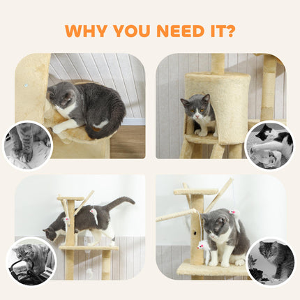 Multi-Level Cat Tower, 134cm Cat Tree with Condo and Sisal Scratching Posts for Indoor Kittens, Beige