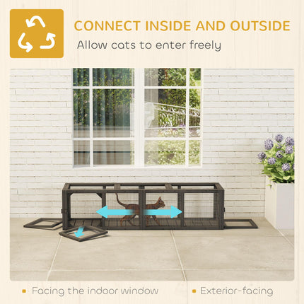 PawHut Outdoor Cat Tunnel, Wooden Play Cat Enclosure, Extendable Pet Run with 3 Doors, for Indoor and Outdoor Use, Grey