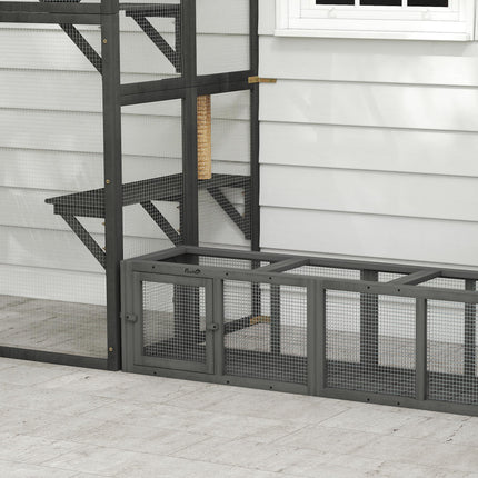 PawHut Outdoor Cat Tunnel, Wooden Play Cat Enclosure, Extendable Pet Run with 3 Doors, for Indoor and Outdoor Use, Grey