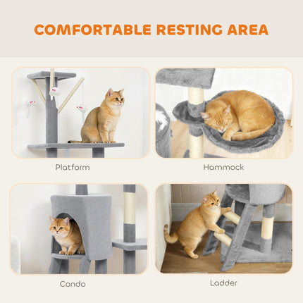 Multi-Level Cat Tower, 134cm Cat Tree with Condo and Sisal Scratching Posts for Indoor Kittens, Grey