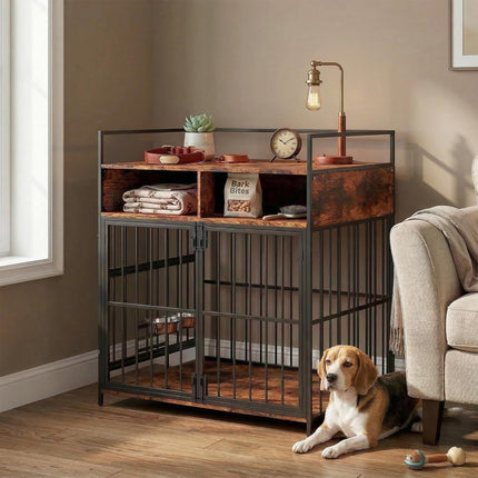 Dog Crate Furniture, Dog Cage with Rotatable Feeding Station and Storage Shelves, End Side Table Indoor Pet Kenne