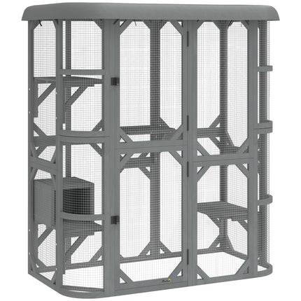 Catio Outdoor Cat Enclosure,  Wooden Cat House with Platforms, Condo and Waterpr