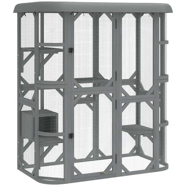 Catio Outdoor Cat Enclosure,  Wooden Cat House with Platforms, Condo and Waterpr