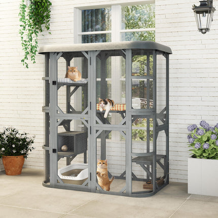 Catio Outdoor Cat Enclosure,  Wooden Cat House with Platforms, Condo and Waterpr