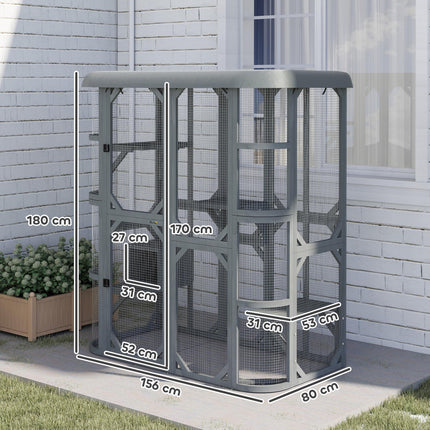 Catio Outdoor Cat Enclosure,  Wooden Cat House with Platforms, Condo and Waterpr