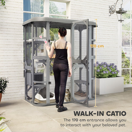Catio Outdoor Cat Enclosure,  Wooden Cat House with Platforms, Condo and Waterpr