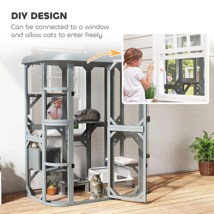 Catio Outdoor Cat Enclosure,  Wooden Cat House with Platforms, Condo and Waterpr