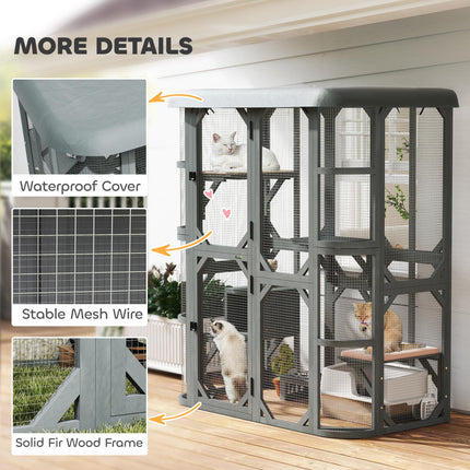 Catio Outdoor Cat Enclosure,  Wooden Cat House with Platforms, Condo and Waterpr