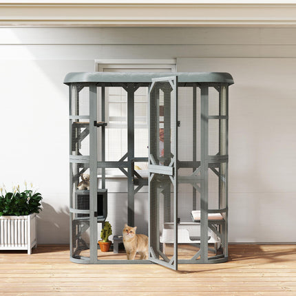 Catio Outdoor Cat Enclosure,  Wooden Cat House with Platforms, Condo and Waterpr