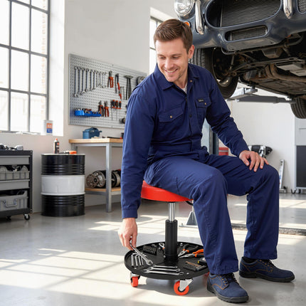 Rolling Mechanical Stool, Pneumatic Adjustable Workshop Stool with Tool Tray, Wheels - Orange