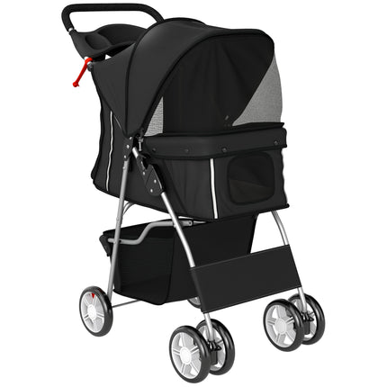 Dog Pram, Pet Stroller with Reflective Strips, Foldable Cat Stroller with 360° Swivel Wheels, Black