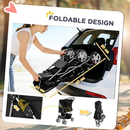 Dog Pram, Pet Stroller with Reflective Strips, Foldable Cat Stroller with 360° Swivel Wheels, Black