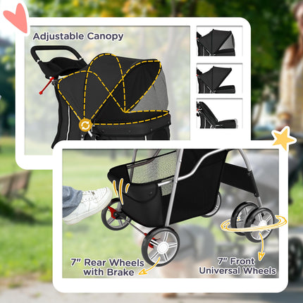Dog Pram, Pet Stroller with Reflective Strips, Foldable Cat Stroller with 360° Swivel Wheels, Black