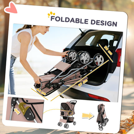Dog Pram, Pet Stroller with Reflective Strips, Foldable Cat Stroller with 360° Swivel Wheels, Brown