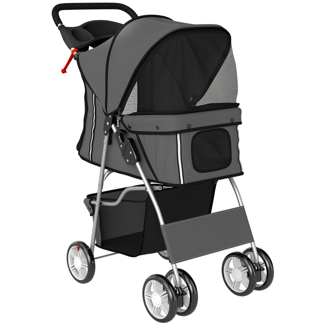 Dog Pram, Pet Stroller with Reflective Strips, Foldable Cat Stroller with 360° Swivel Wheels, Dark Grey