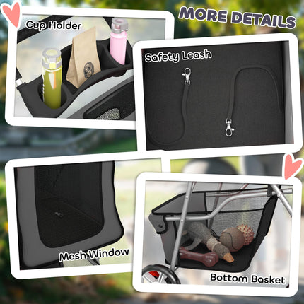 Dog Pram, Pet Stroller with Reflective Strips, Foldable Cat Stroller with 360° Swivel Wheels, Dark Grey