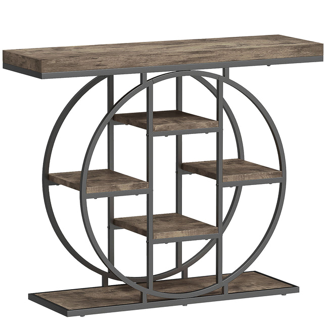 Industrial Console Table with Storage Shelves - Rustic Brown