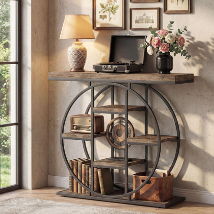 Industrial Console Table with Storage Shelves - Rustic Brown