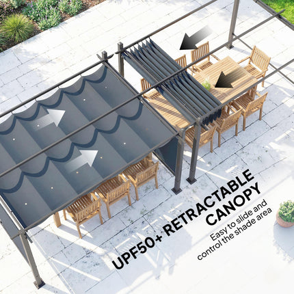 4 x 3 m Garden Pergola with Retractable Roof Canopy and Roll-Up Sides, Outdoor Gazebo Pergola Kit, Dark Grey
