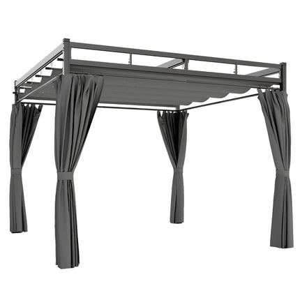 3 x 3 m Pergola with Retractable Roof Canopy and Curtains, UPF30+ Metal Frame Ga