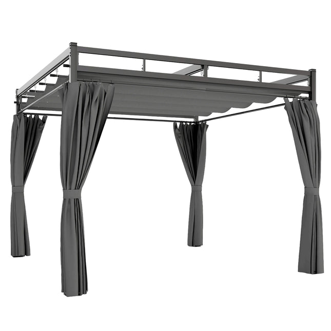 3 x 3 m Pergola with Retractable Roof Canopy and Curtains, UPF30+ Metal Frame Ga