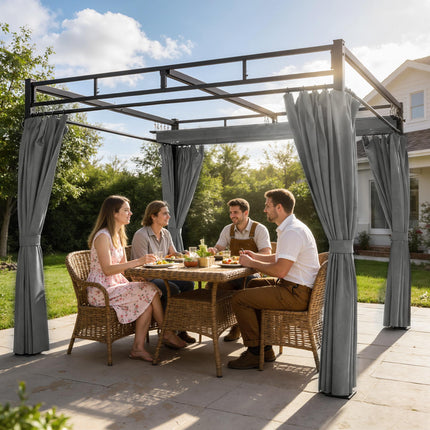 3 x 3 m Pergola with Retractable Roof Canopy and Curtains, UPF30+ Metal Frame Ga
