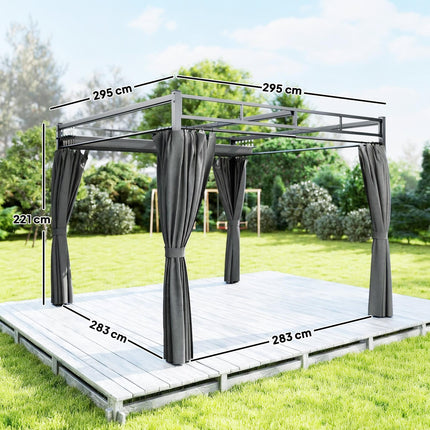 3 x 3 m Pergola with Retractable Roof Canopy and Curtains, UPF30+ Metal Frame Ga