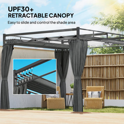 3 x 3 m Pergola with Retractable Roof Canopy and Curtains, UPF30+ Metal Frame Ga