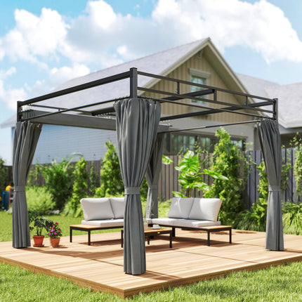 3 x 3 m Pergola with Retractable Roof Canopy and Curtains, UPF30+ Metal Frame Ga