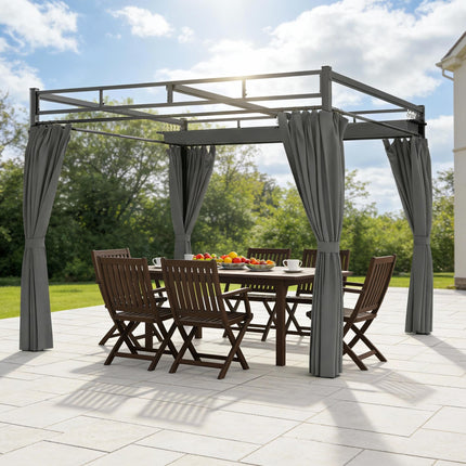 3 x 3 m Pergola with Retractable Roof Canopy and Curtains, UPF30+ Metal Frame Ga